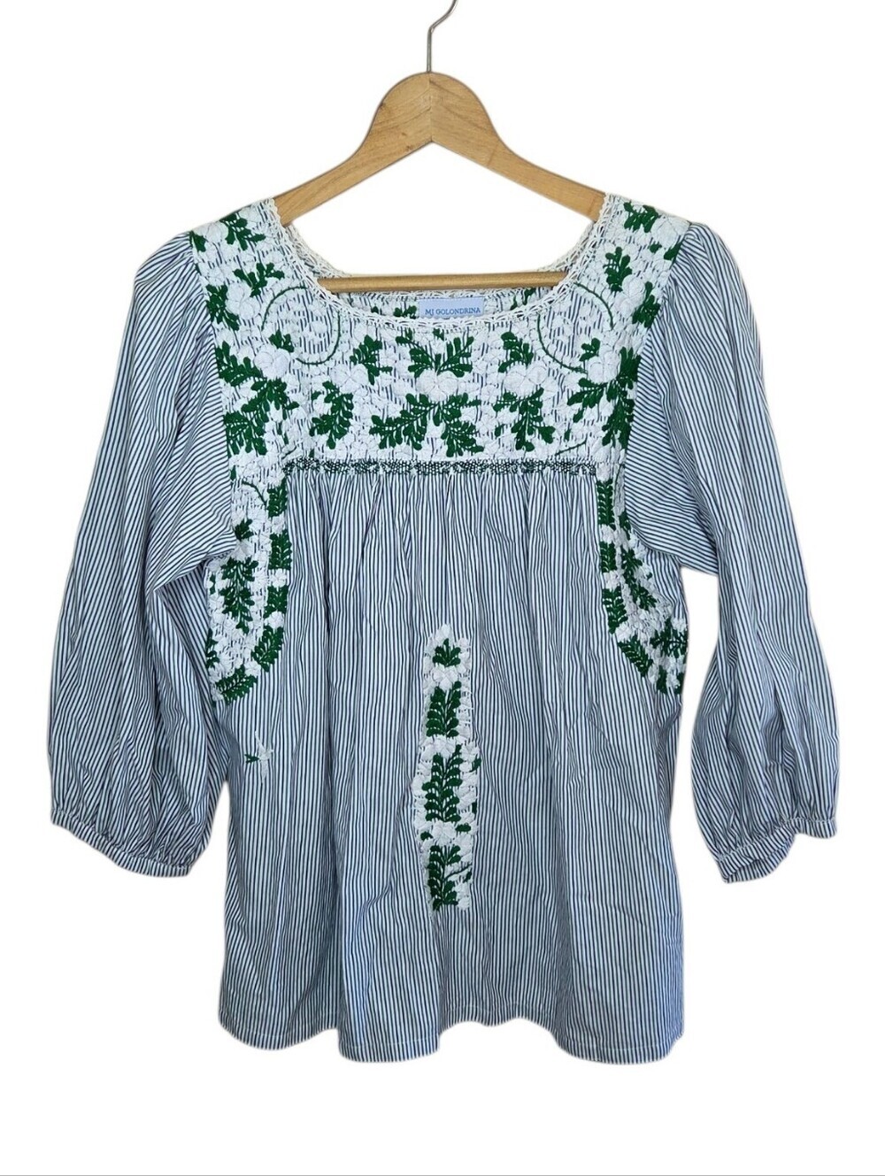 Mi Golondrina Green White Purple Striped Floral Embroidered Tunic Top Size Small